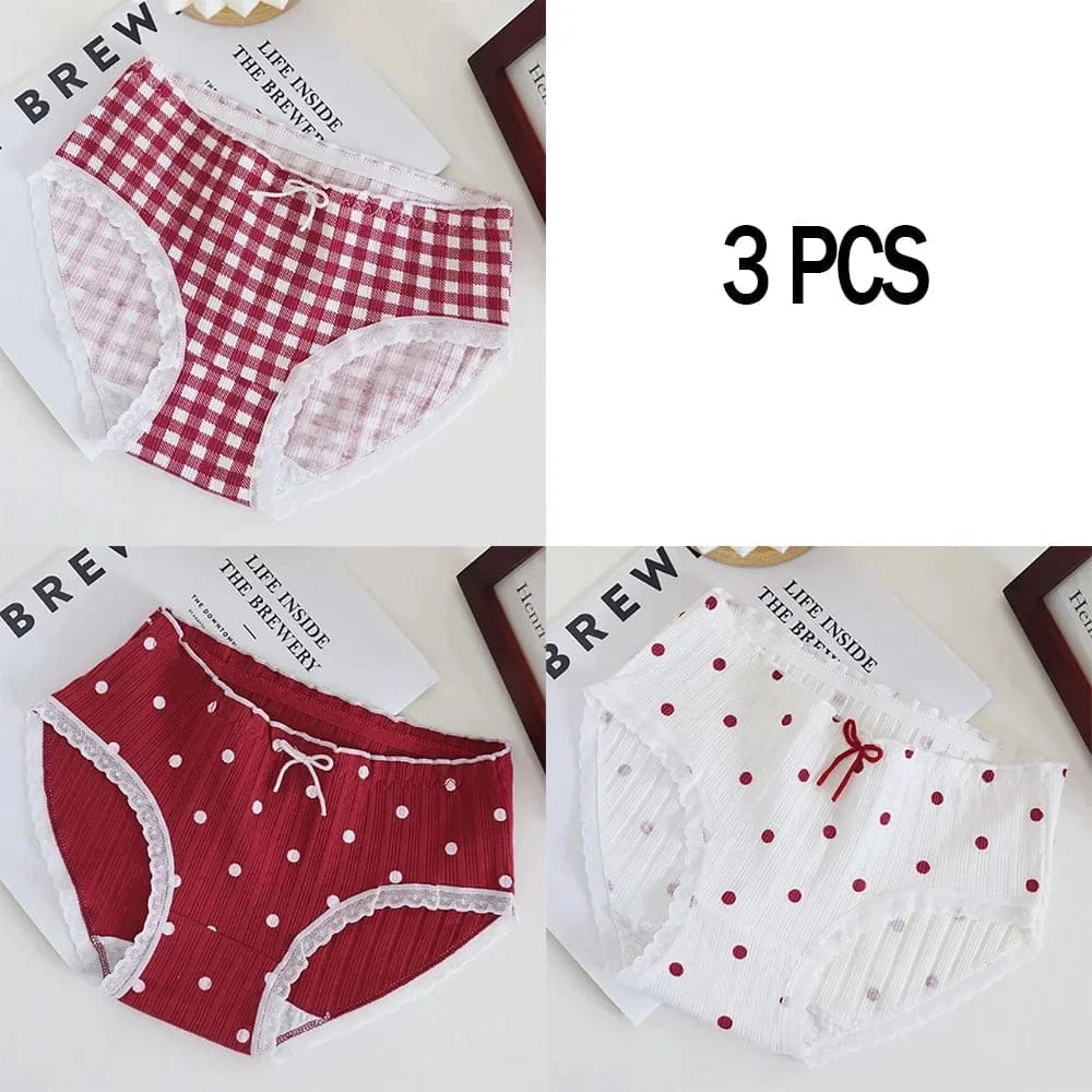 3pcs Cotton Women's Panties Sweet Cute Printed Student Mid-Waist Underwear Fashionable Breathable Girls Daily Briefs - A-1 Thread Vault