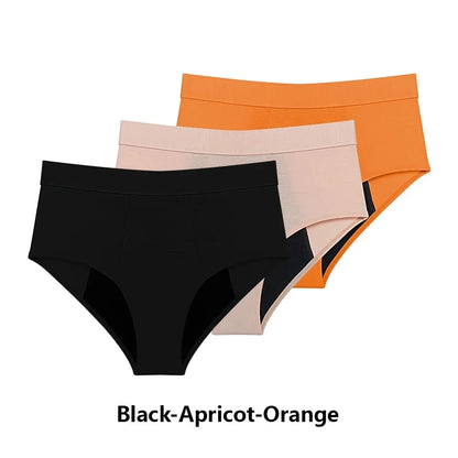 Three pairs of women's high-waisted period underwear stacked diagonally in black, light pink, and orange.
