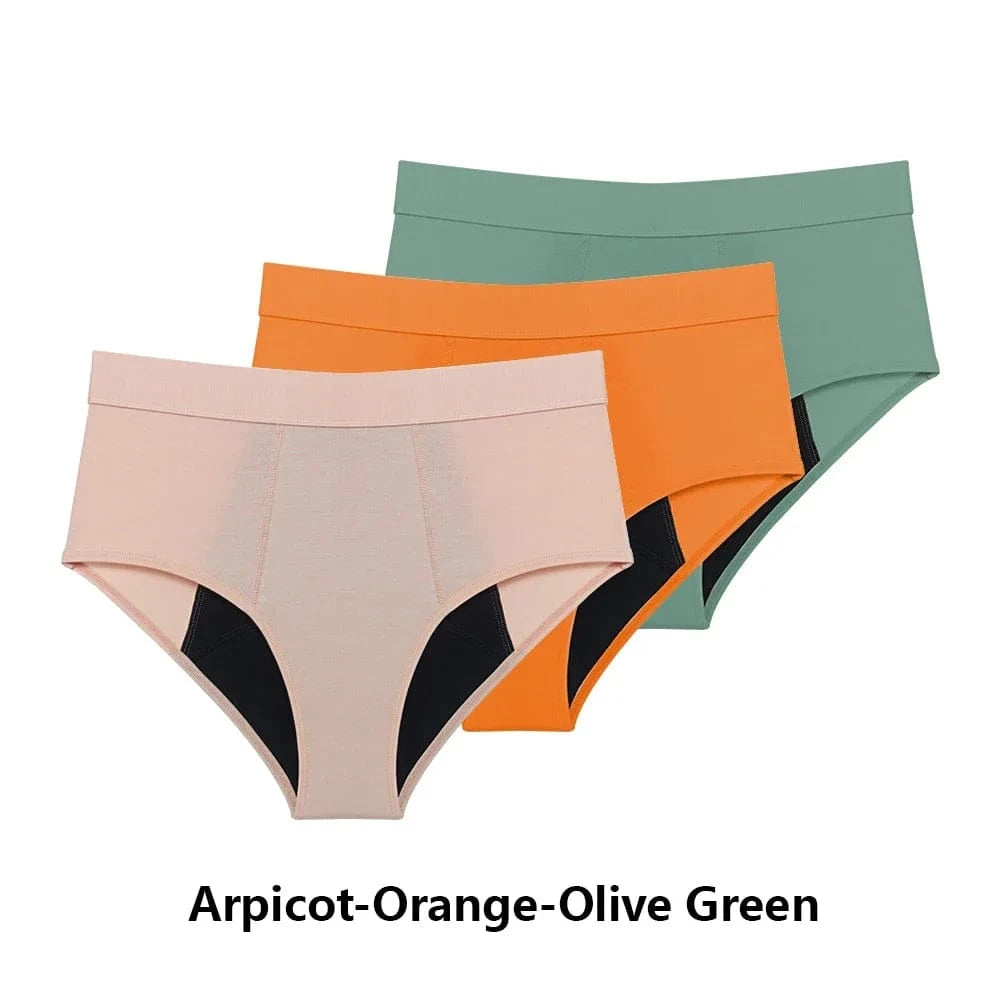 A set of three high-waisted period panties in apricot, orange, and olive green, each featuring a black gusset.