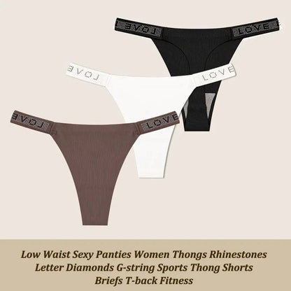 3Pcs/Set Low Waist Sexy Panties Women Thongs Rhinestones Letter Diamonds G-string Sports Thong Shorts Briefs T-back Size XS-XL - A-1 Thread Vault