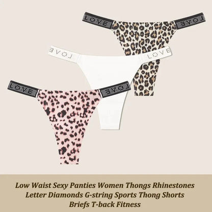 3Pcs/Set Low Waist Sexy Panties Women Thongs Rhinestones Letter Diamonds G-string Sports Thong Shorts Briefs T-back Size XS-XL - A-1 Thread Vault
