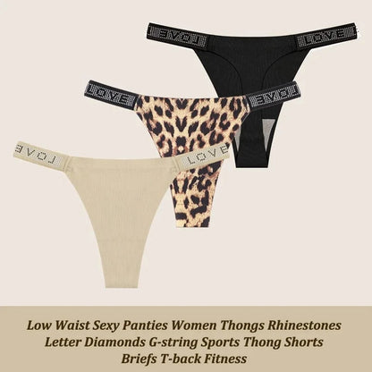 3Pcs/Set Low Waist Sexy Panties Women Thongs Rhinestones Letter Diamonds G-string Sports Thong Shorts Briefs T-back Size XS-XL - A-1 Thread Vault