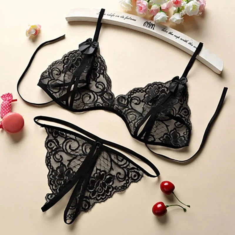 3pcs Sexy Lingerie Women Bra Panty Garters Set See Through Lace Underwear Erotic Lingerie Sets Sexy Women's Bra Porno Costumes - A-1 Thread Vault