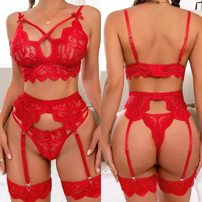 3pcs Sexy Lingerie Women Bra Panty Garters Set See Through Lace Underwear Erotic Lingerie Sets Sexy Women's Bra Porno Costumes - A-1 Thread Vault