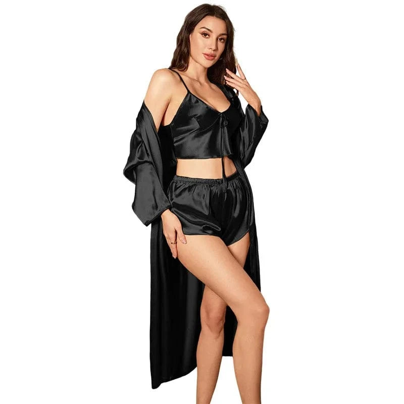 3PCS Sexy Women Pajamas Ladies Nightgowns Satin Robes Nightdress Sling and Short Women Robe - A-1 Thread Vault