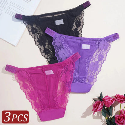 3PCS Sexy Women's Underwear Semi-transparent Hollow Out Lace Floral Panties Two Shiny Belts Underpants Female Briefs Lingerie - A-1 Thread Vault