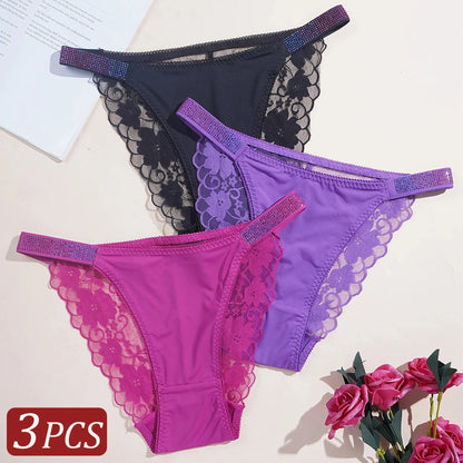 3PCS Sexy Women's Underwear Semi-transparent Hollow Out Lace Floral Panties Two Shiny Belts Underpants Female Briefs Lingerie - A-1 Thread Vault