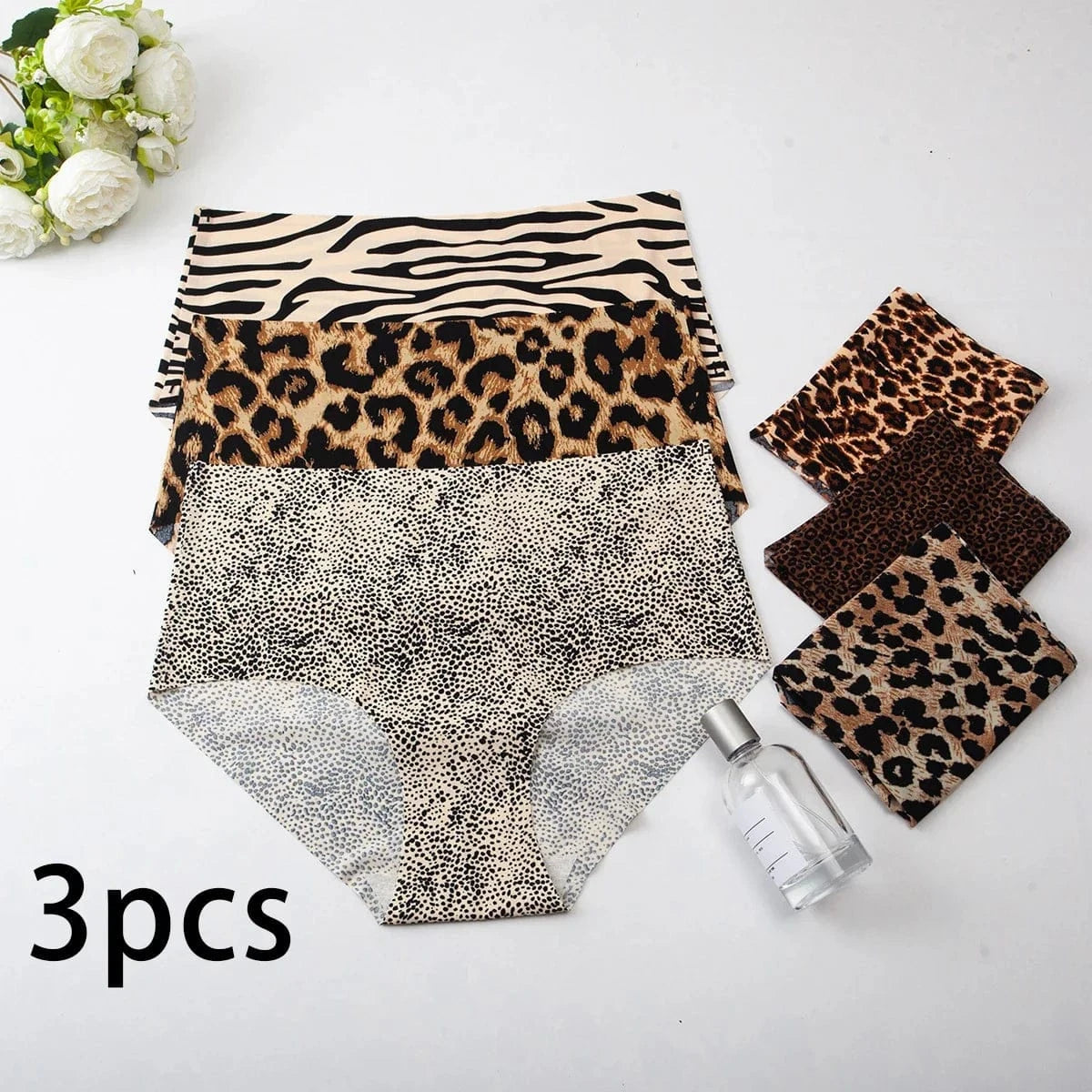 3pcs Women's Seamless Ice Silk Panties Female Mid Waist Plus Size Leopard Print Underwear Girls Fashion Brief Lady Comfort Panty - A-1 Thread Vault