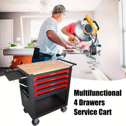 4 Drawers Multifunctional Tool Cart With Wheels And Wooden Top - A-1 Thread Vault
