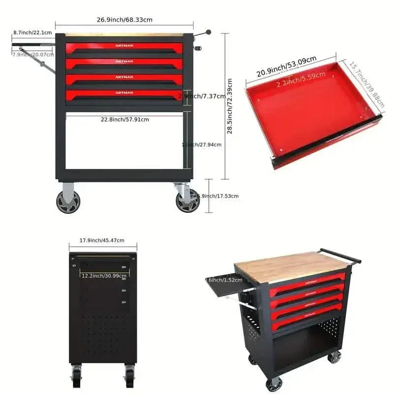 4 Drawers Multifunctional Tool Cart With Wheels And Wooden Top - A-1 Thread Vault
