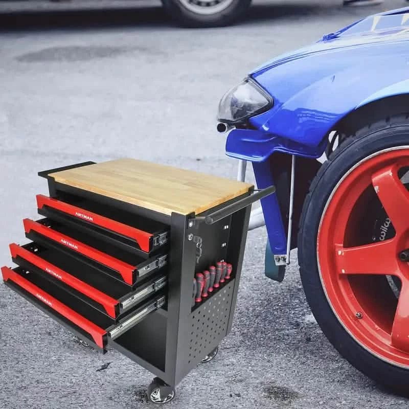4 Drawers Multifunctional Tool Cart With Wheels And Wooden Top - A-1 Thread Vault