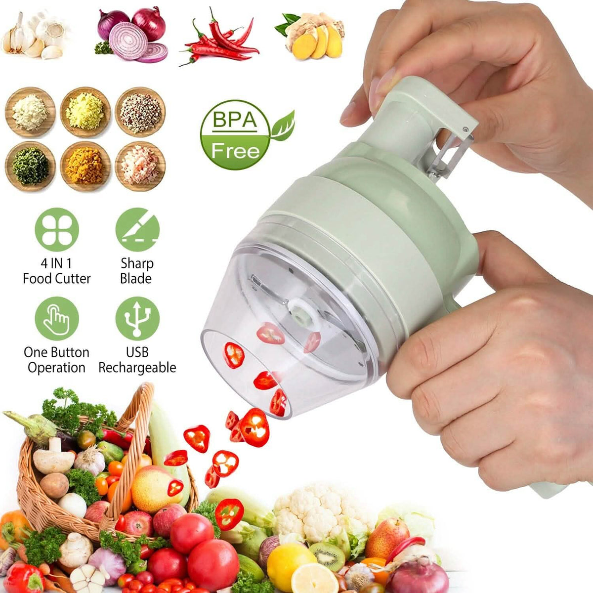4-in-1 Handheld Electric Vegetable Chopper, Grinder, Slicer and Dicer - A-1 Thread Vault