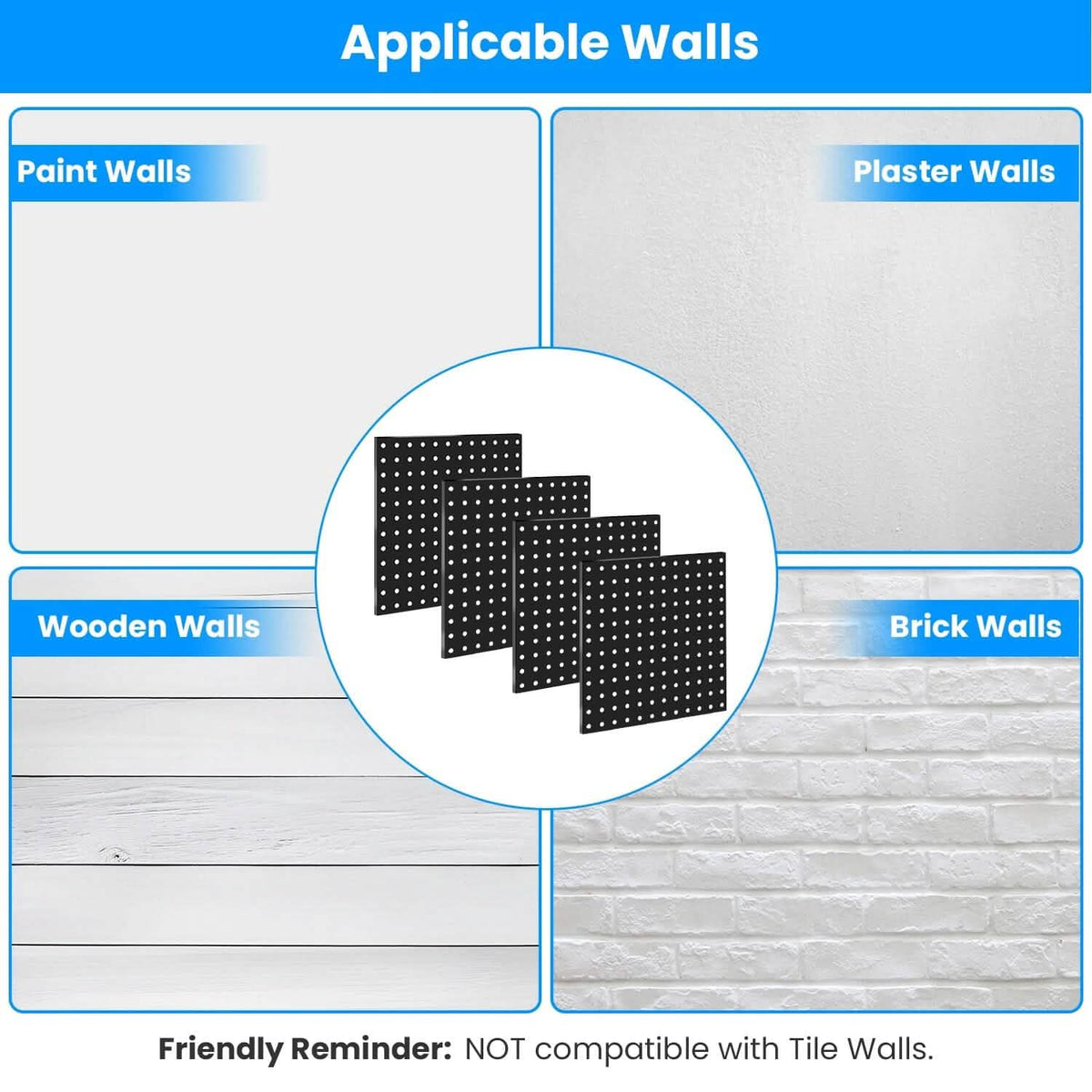 4-Pack: Metal Black Pegboard Wall Organizer with 1" Spacing 1/4" Hole - A-1 Thread Vault