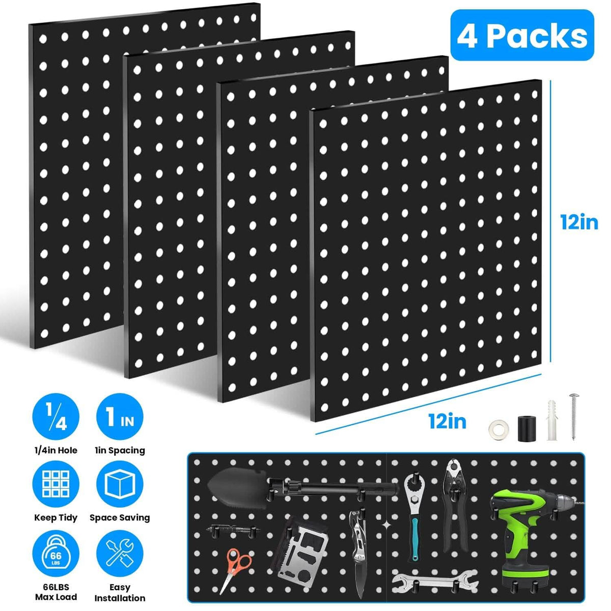 4-Pack: Metal Black Pegboard Wall Organizer with 1" Spacing 1/4" Hole - A-1 Thread Vault