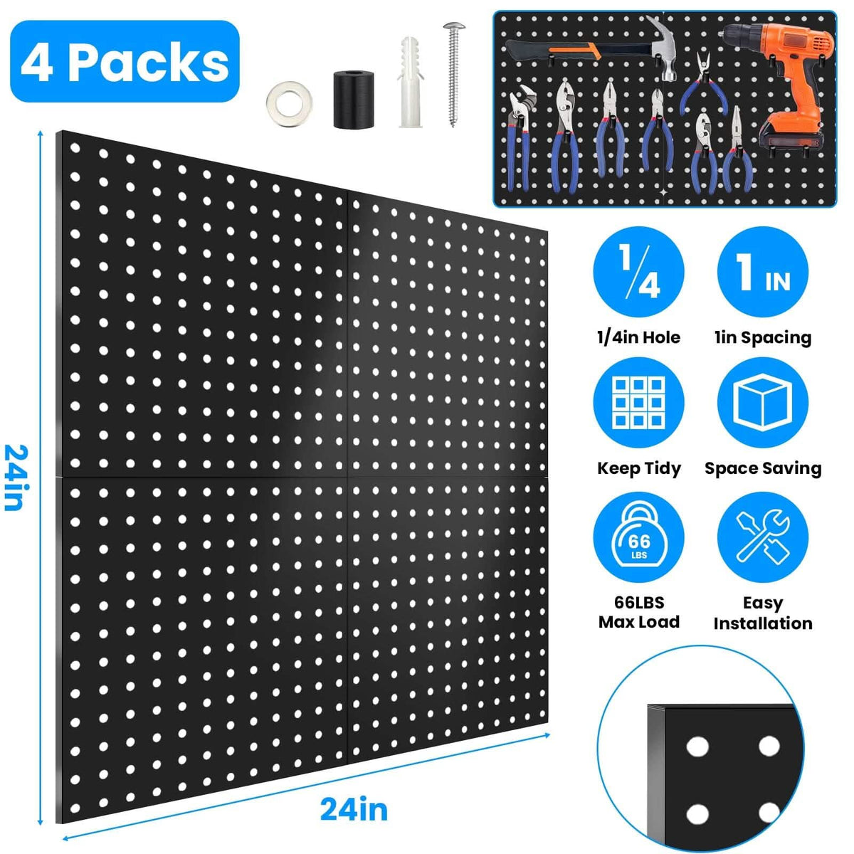 4-Pack: Metal Black Pegboard Wall Organizer with 1" Spacing 1/4" Hole - A-1 Thread Vault