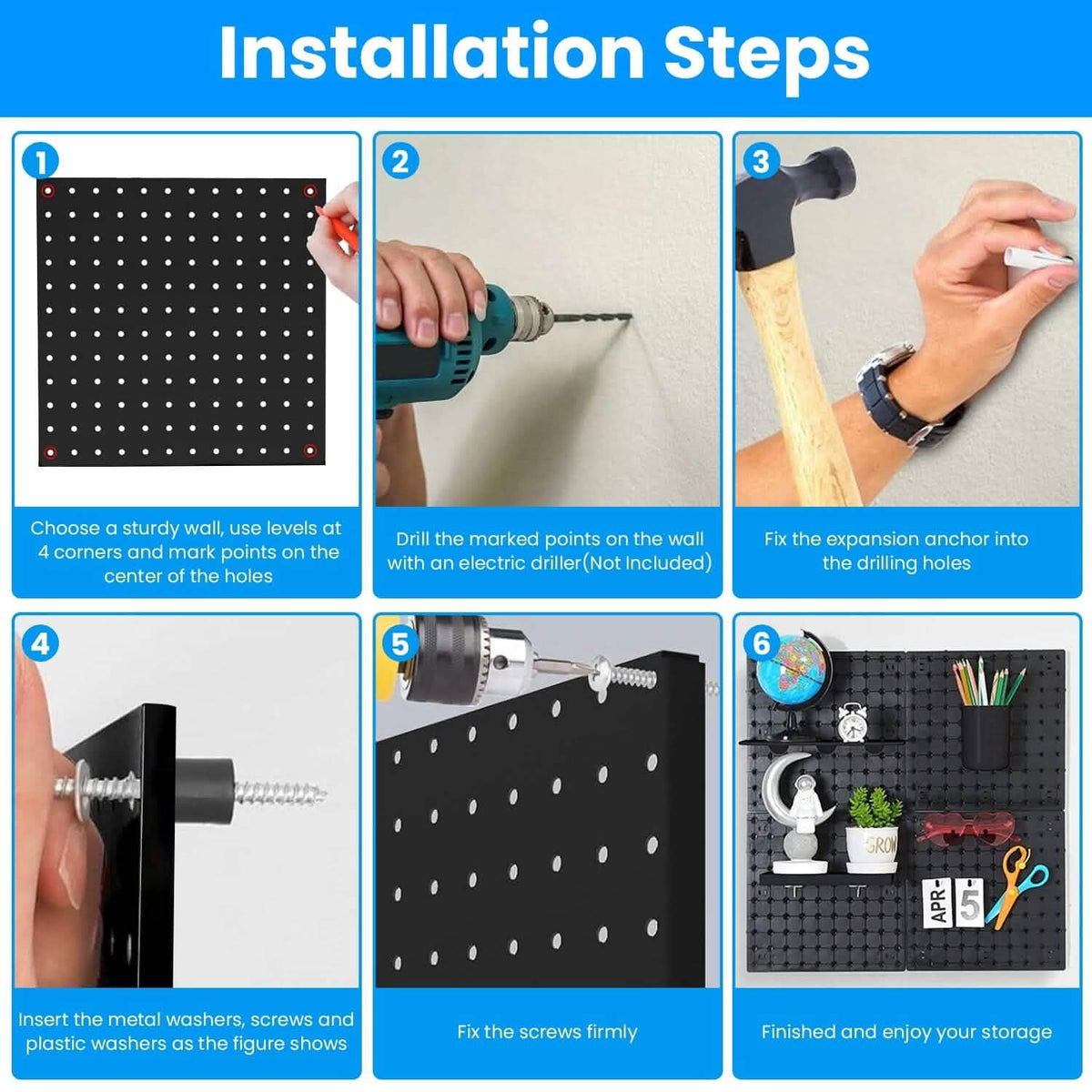 4-Pack: Metal Black Pegboard Wall Organizer with 1" Spacing 1/4" Hole - A-1 Thread Vault