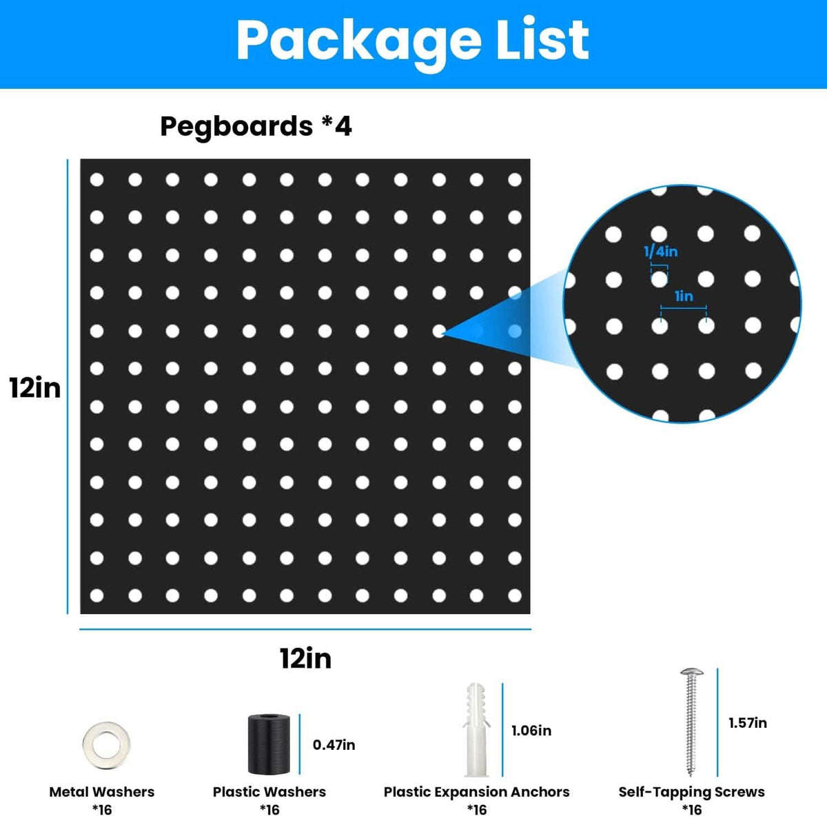 4-Pack: Metal Black Pegboard Wall Organizer with 1" Spacing 1/4" Hole - A-1 Thread Vault