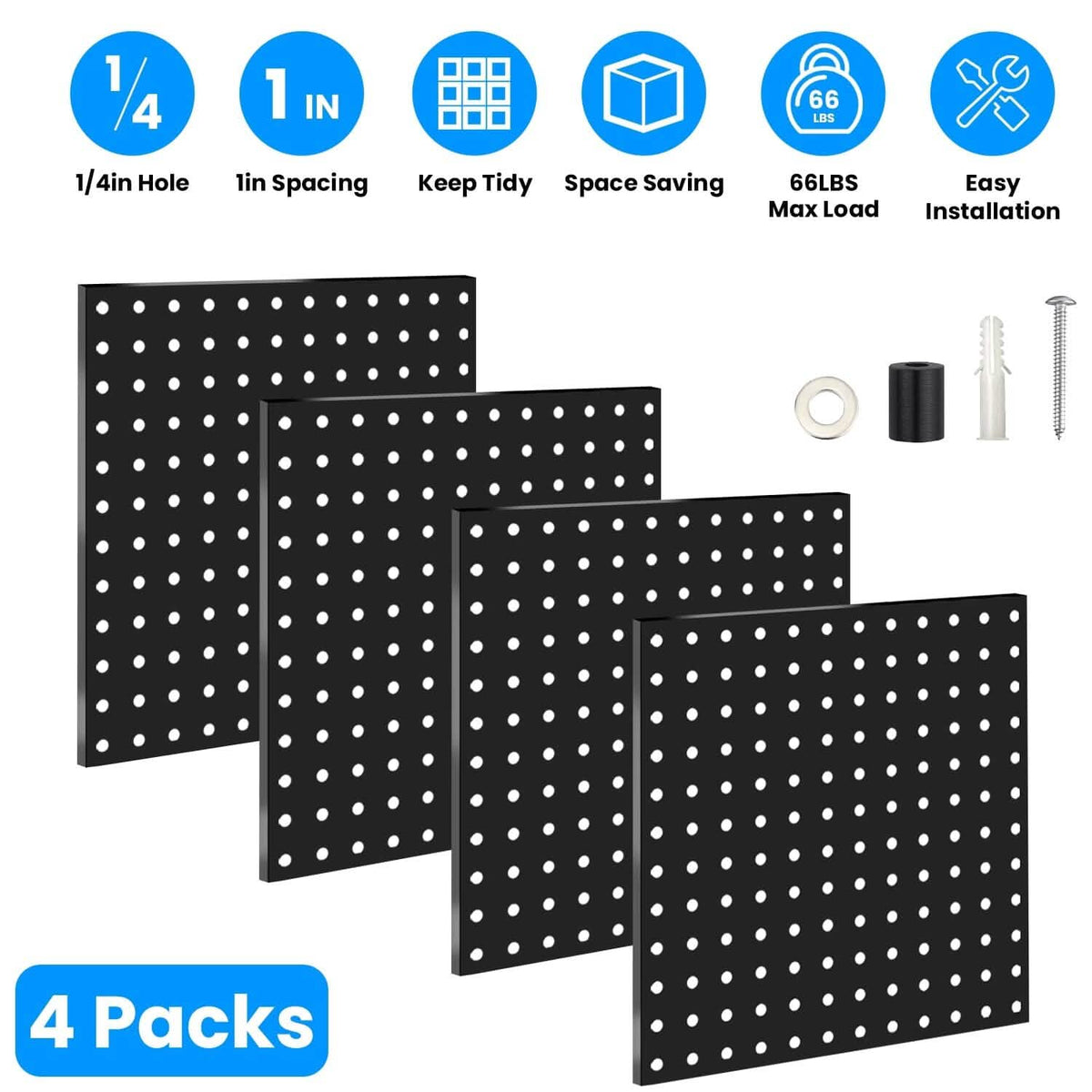 4-Pack: Metal Black Pegboard Wall Organizer with 1" Spacing 1/4" Hole - A-1 Thread Vault