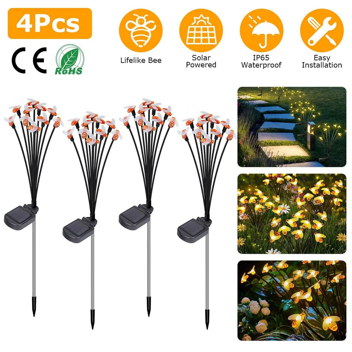 4-Pack: Solar Powered Stake Bee Light 2 Lighting Mode Lifelike Firefly - A-1 Thread Vault