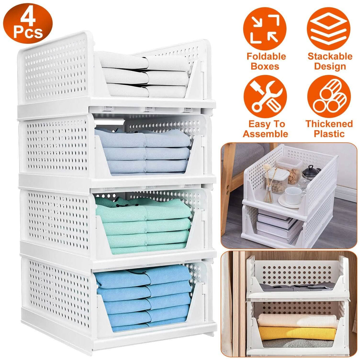 4-Packs: Plastic Storage Box Closet Organizer Foldable Storage with Slide Rail Push-Pull - A-1 Thread Vault