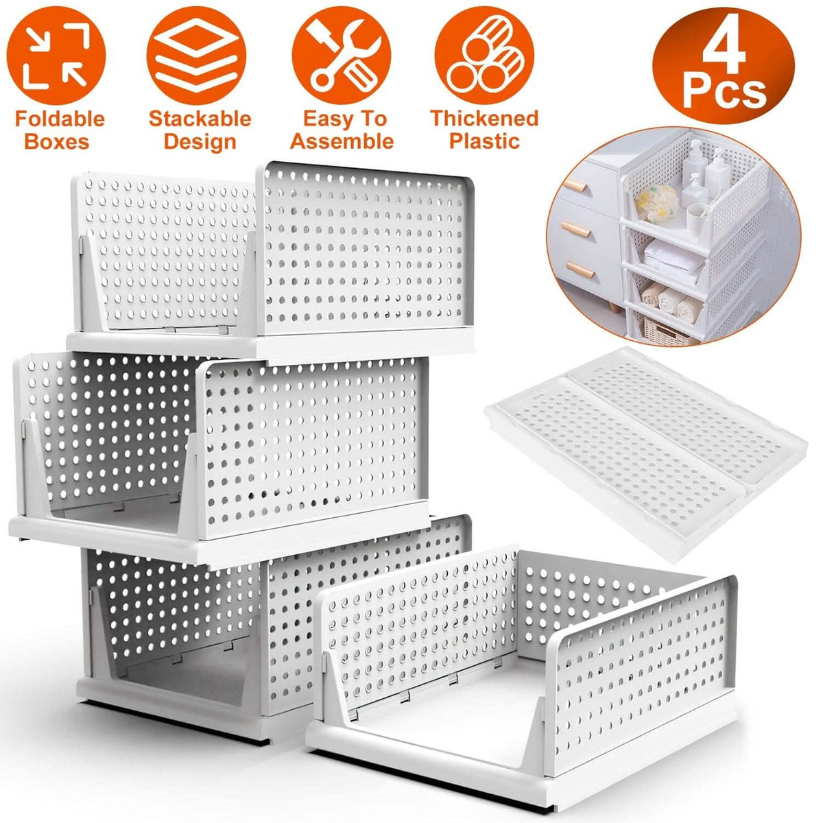 4-Packs: Plastic Storage Box Closet Organizer Foldable Storage with Slide Rail Push-Pull - A-1 Thread Vault