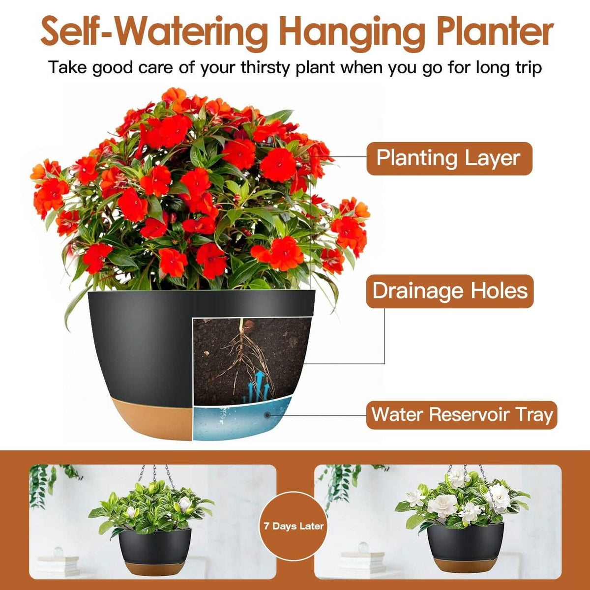 4-Piece: 9.64" Diameter Hanging Planter with Drainage Holes - A-1 Thread Vault