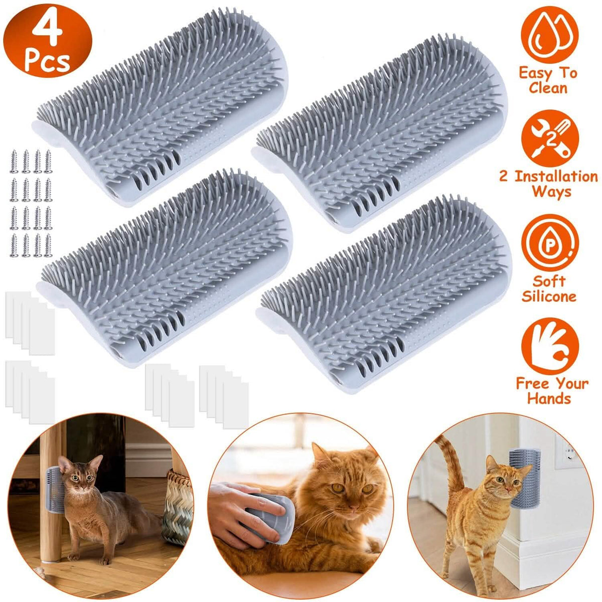 4-Pieces: Cat Self Groomer Soft Silicone Wall Corner Scratcher - A-1 Thread Vault