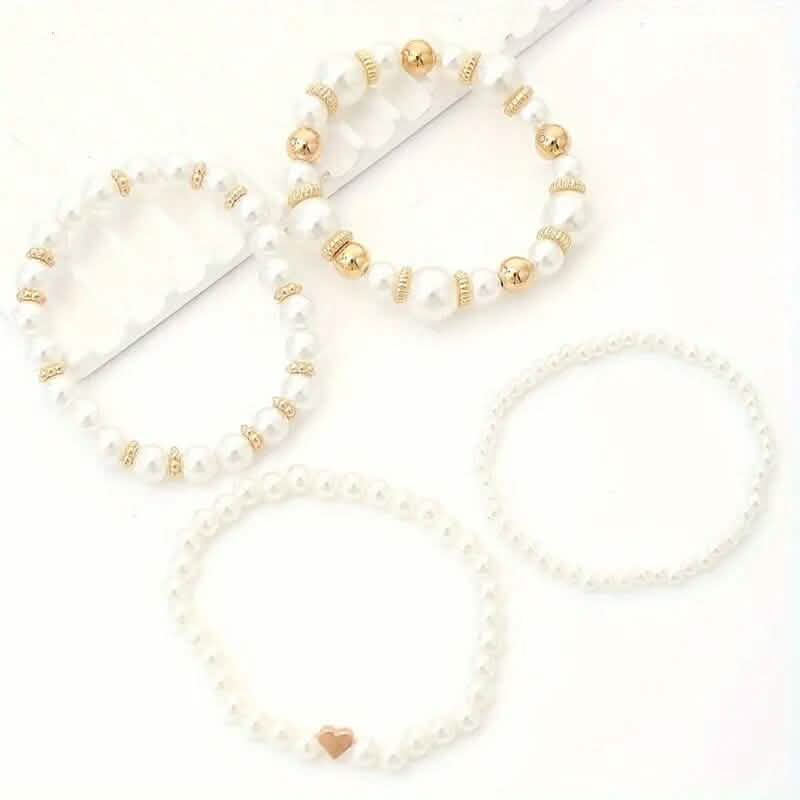 4-Pieces: Elegant White Faux Pearls Beaded Handmade Hand String Jewelry Set - A-1 Thread Vault