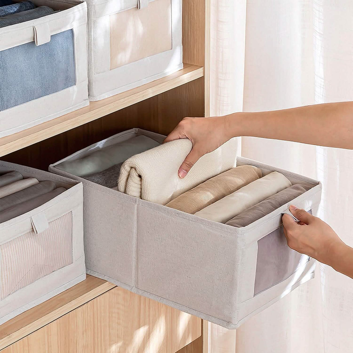 4-Pieces: Foldable Linen Clothing Storage Bin with Visible Clear Window - A-1 Thread Vault