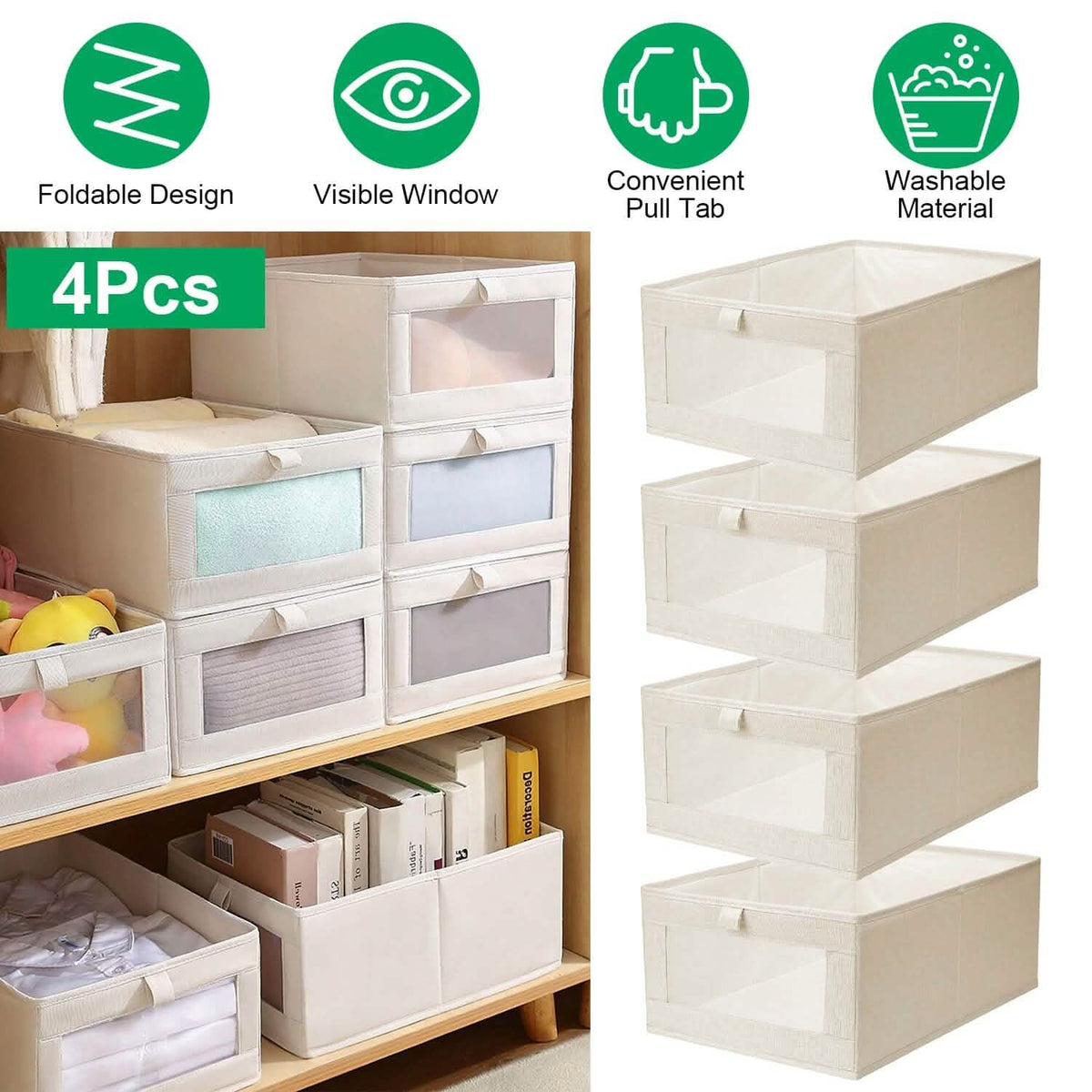 4-Pieces: Foldable Linen Clothing Storage Bin with Visible Clear Window - A-1 Thread Vault