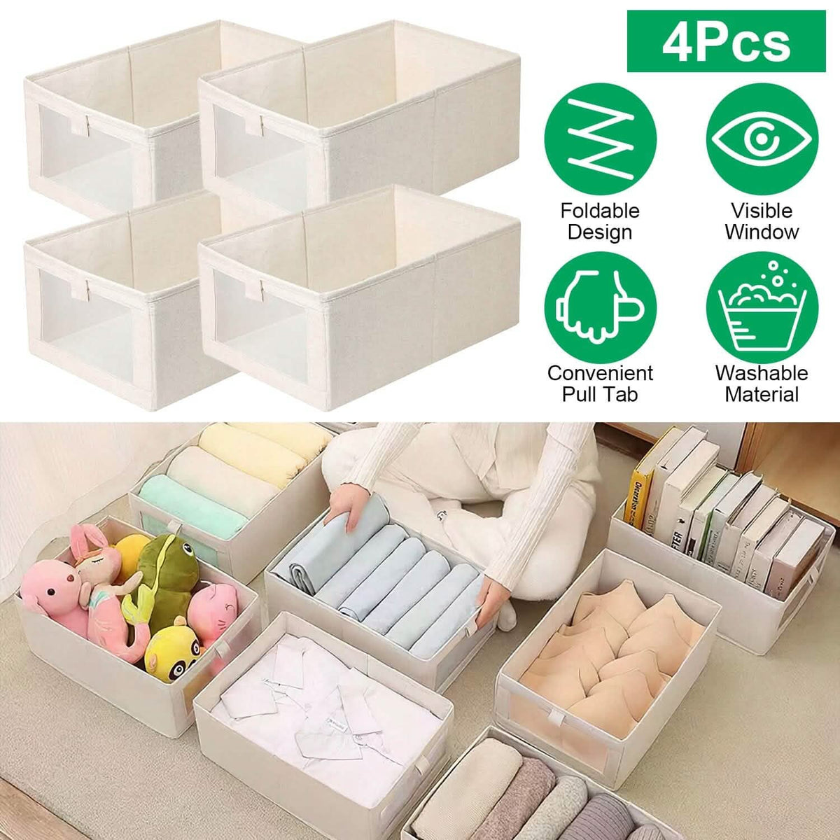 4-Pieces: Foldable Linen Clothing Storage Bin with Visible Clear Window - A-1 Thread Vault