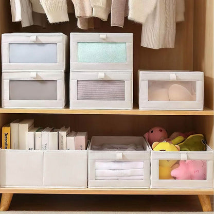4-Pieces: Foldable Linen Clothing Storage Bin with Visible Clear Window - A-1 Thread Vault