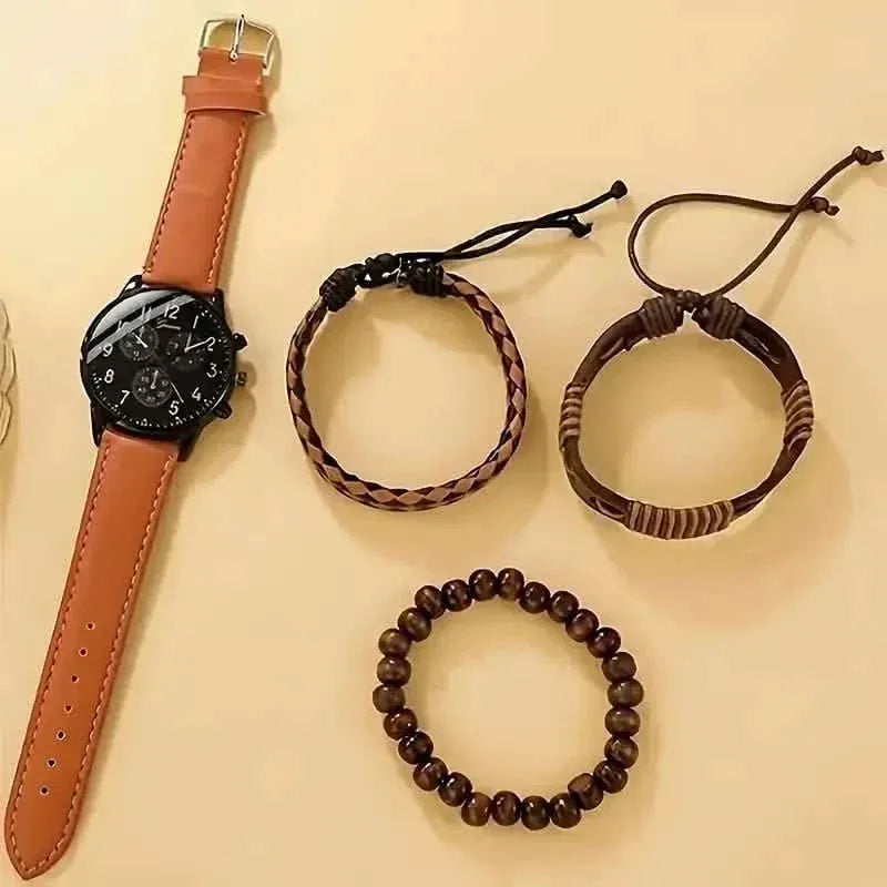4-Pieces: Men's Fashion Brown Faux Leather Quartz Watch & Bracelet Set - A-1 Thread Vault