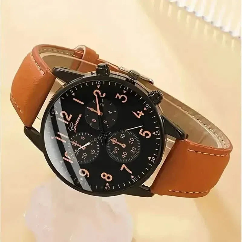 4-Pieces: Men's Fashion Brown Faux Leather Quartz Watch & Bracelet Set - A-1 Thread Vault