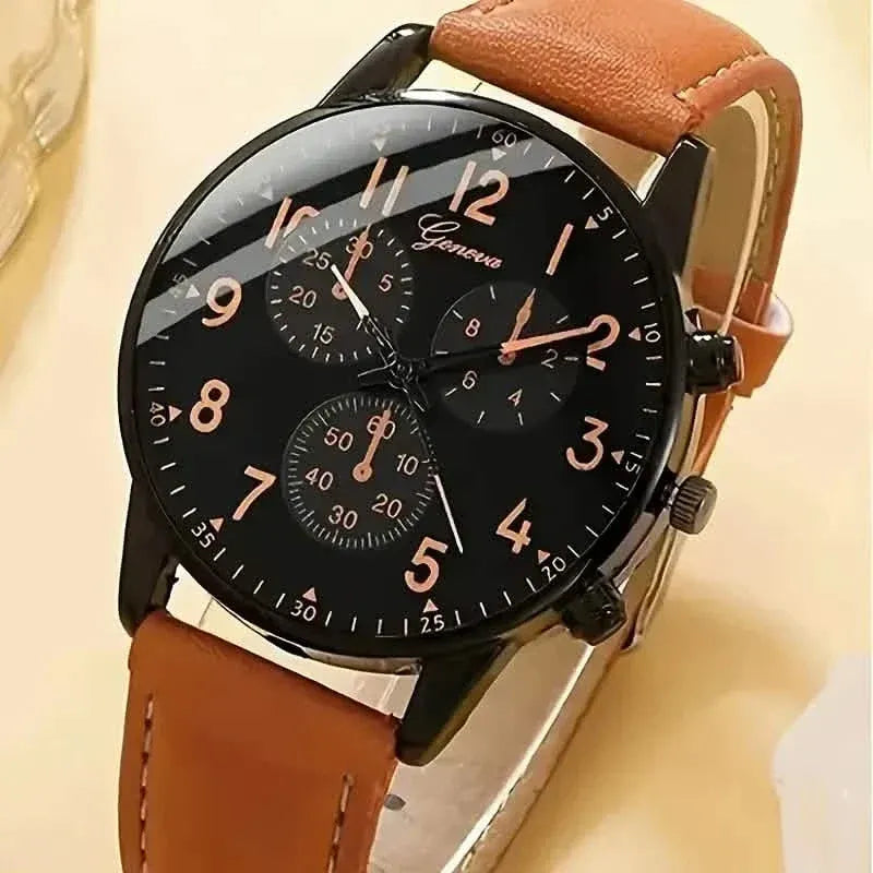 4-Pieces: Men's Fashion Brown Faux Leather Quartz Watch & Bracelet Set - A-1 Thread Vault