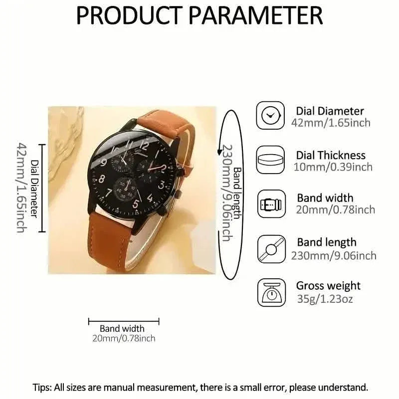 4-Pieces: Men's Fashion Brown Faux Leather Quartz Watch & Bracelet Set - A-1 Thread Vault