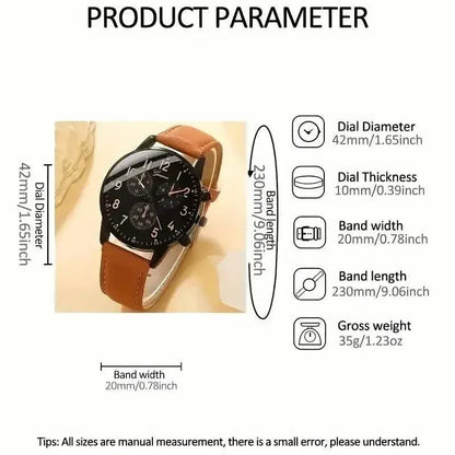 4-Pieces: Men's Fashion Brown Faux Leather Quartz Watch & Bracelet Set - A-1 Thread Vault