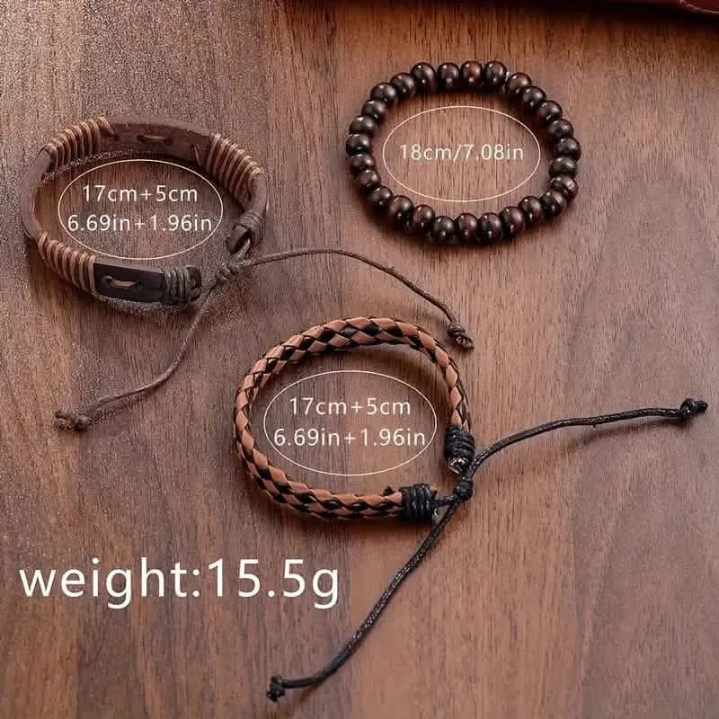 4-Pieces: Men's Fashion Brown Faux Leather Quartz Watch & Bracelet Set - A-1 Thread Vault
