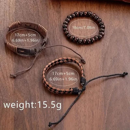 4-Pieces: Men's Fashion Brown Faux Leather Quartz Watch & Bracelet Set - A-1 Thread Vault