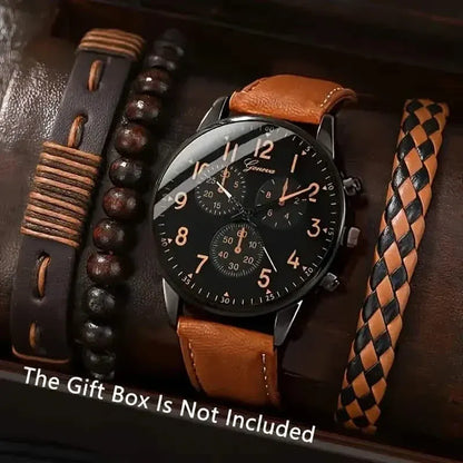 4-Pieces: Men's Fashion Brown Faux Leather Quartz Watch & Bracelet Set - A-1 Thread Vault