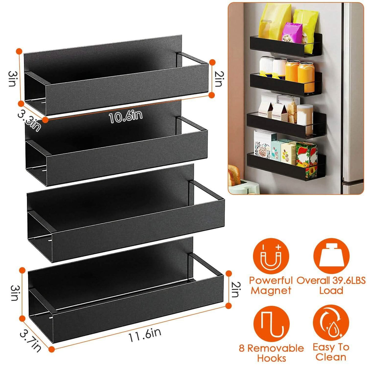 4-Pieces: Spice Rack Strong Magnetic Seasoning Storage Shelf with 8 Removable Hooks - A-1 Thread Vault