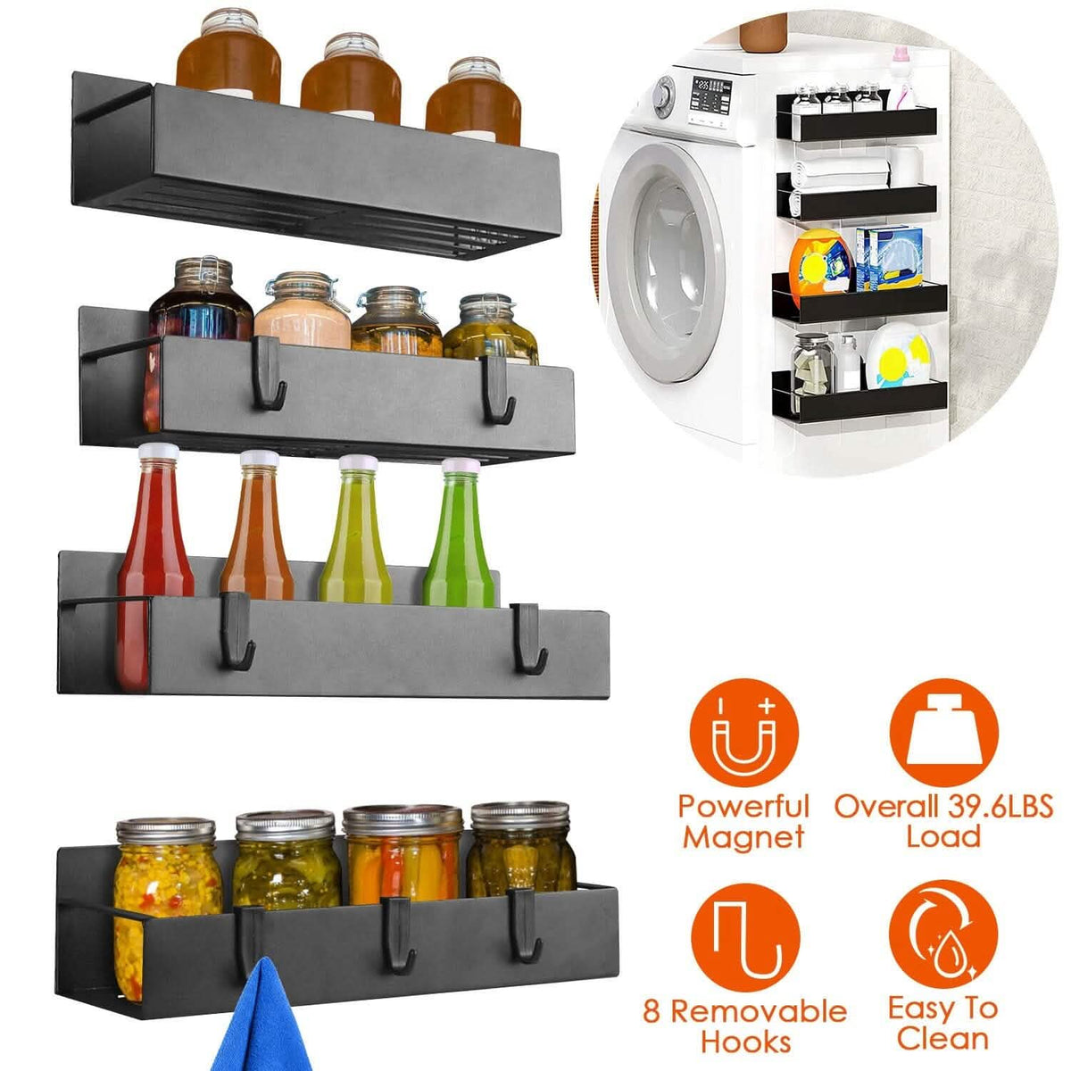 4-Pieces: Spice Rack Strong Magnetic Seasoning Storage Shelf with 8 Removable Hooks - A-1 Thread Vault