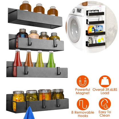 4-Pieces: Spice Rack Strong Magnetic Seasoning Storage Shelf with 8 Removable Hooks - A-1 Thread Vault