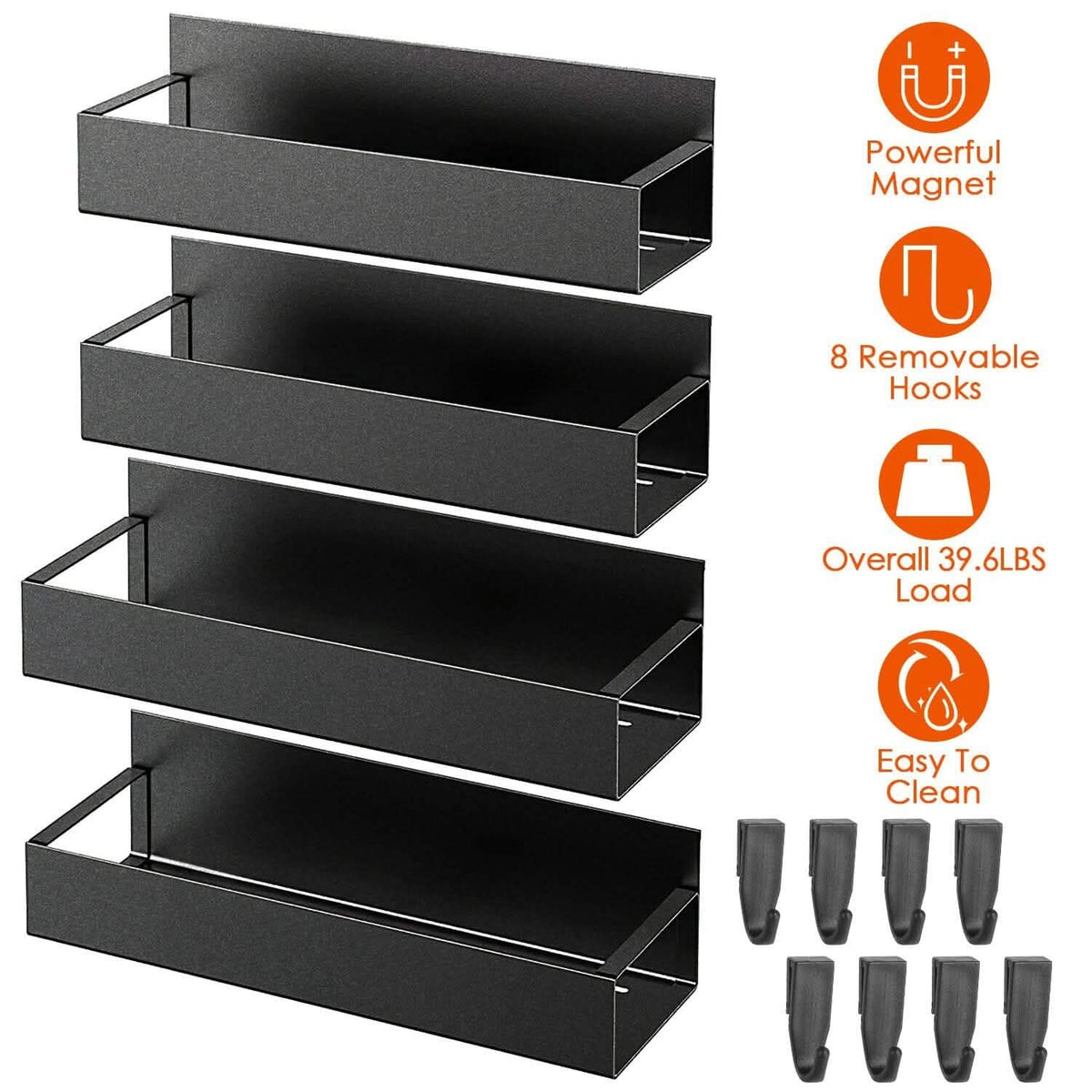 4-Pieces: Spice Rack Strong Magnetic Seasoning Storage Shelf with 8 Removable Hooks - A-1 Thread Vault
