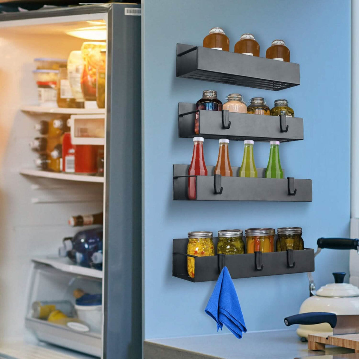 4-Pieces: Spice Rack Strong Magnetic Seasoning Storage Shelf with 8 Removable Hooks - A-1 Thread Vault