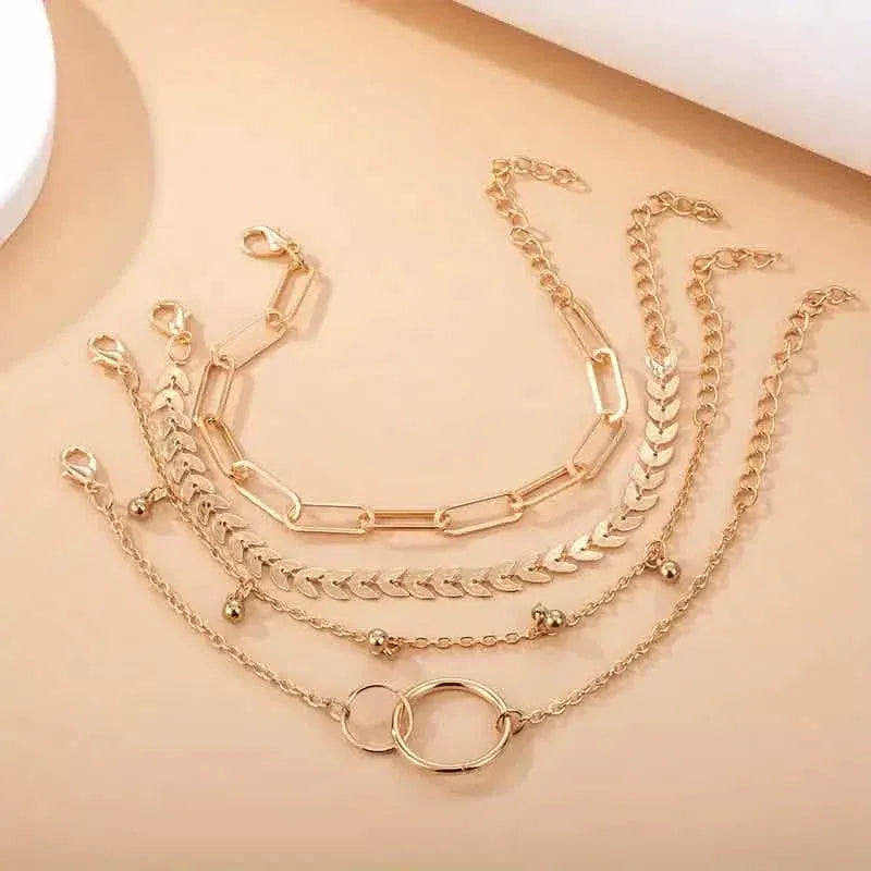 4-Pieces: Vintage Leaf Pendant Hand Chain Bracelet Set For Women - A-1 Thread Vault