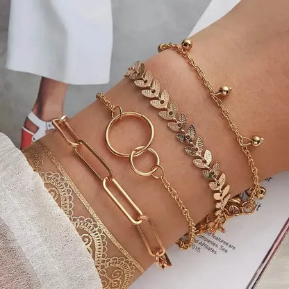 4-Pieces: Vintage Leaf Pendant Hand Chain Bracelet Set For Women - A-1 Thread Vault