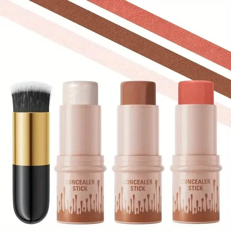 4-Pieces: Waterproof Cream Contour and Highlighter Kit with Brush - A-1 Thread Vault