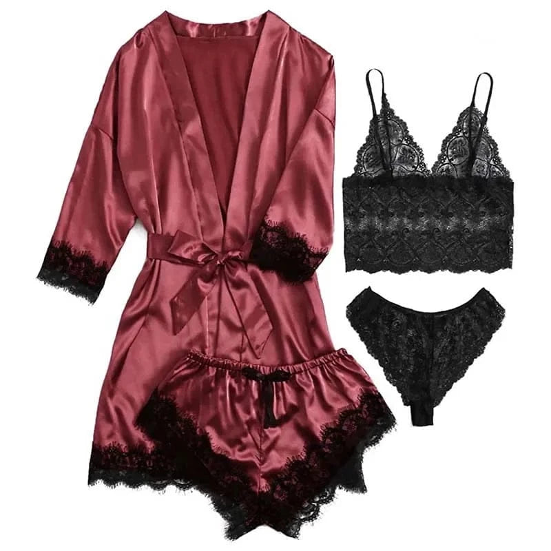 4 Pieces Woman Sleepwear Pajamas Ser With Robe Sexy Lace Lingerie Bathrobe Silk Satin Home Clothed Nightwear Robe - A-1 Thread Vault