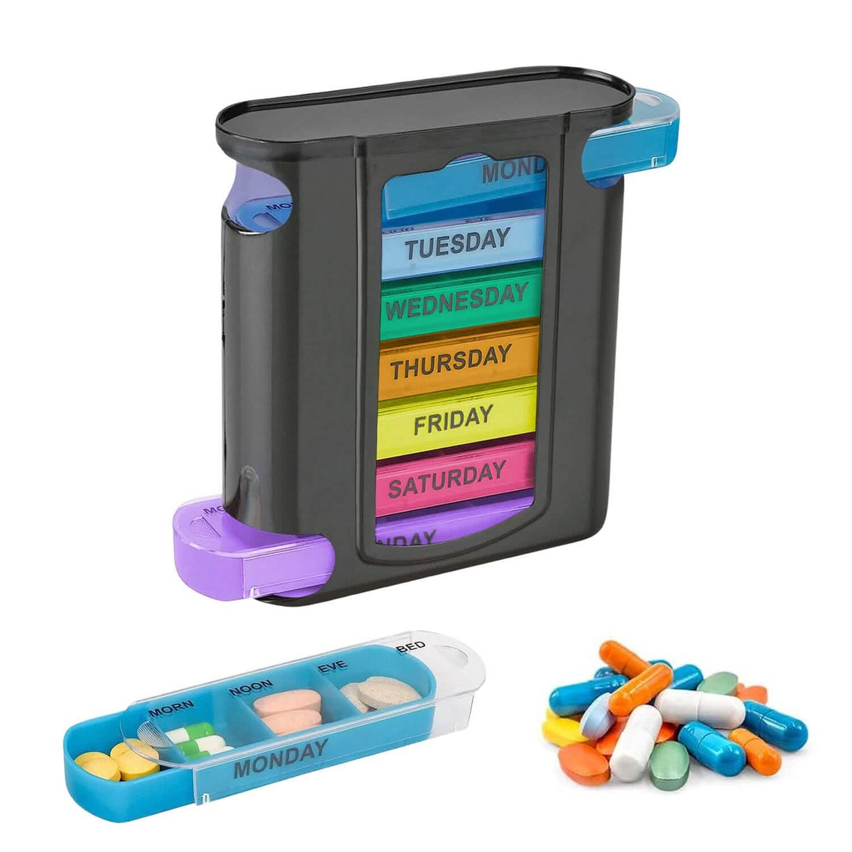 4 Times A Day, Black 7 Day Stackable Daily Pill And Medicine Organizer - A-1 Thread Vault